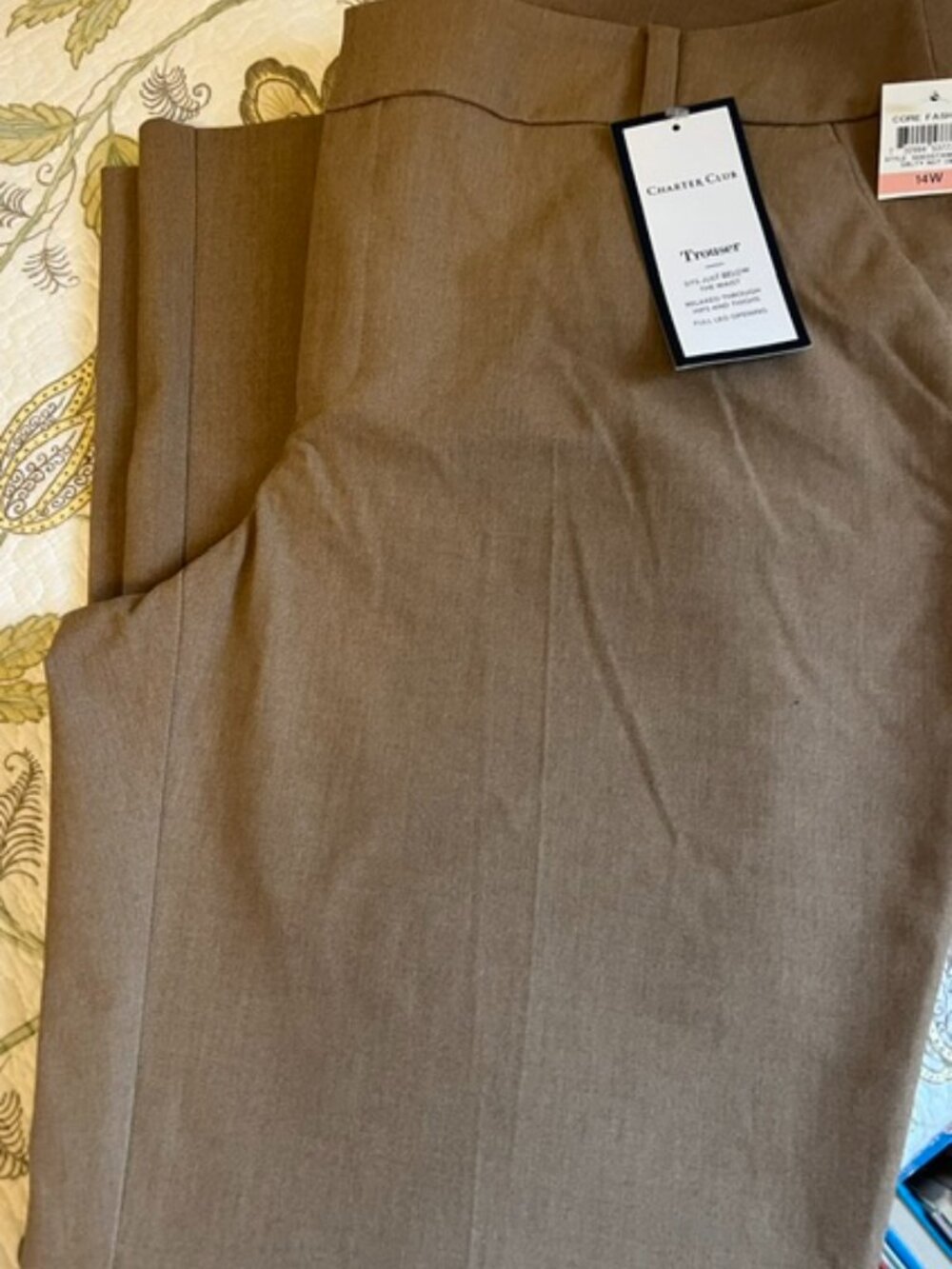Charter Club Women's Relaxed Full Leg Opening Tan Dress Trousers Pants-Size 14W